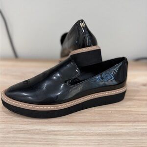 DKNYC Black Patent Slip-On Platform Loafers with Tan Welt
